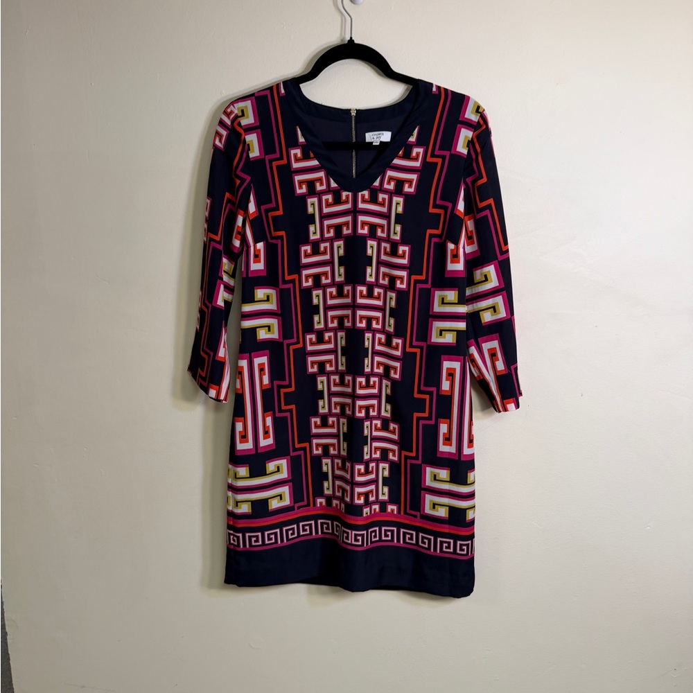 Crown & Ivy geometric print tunic shift dress, often featuring navy, pink, and